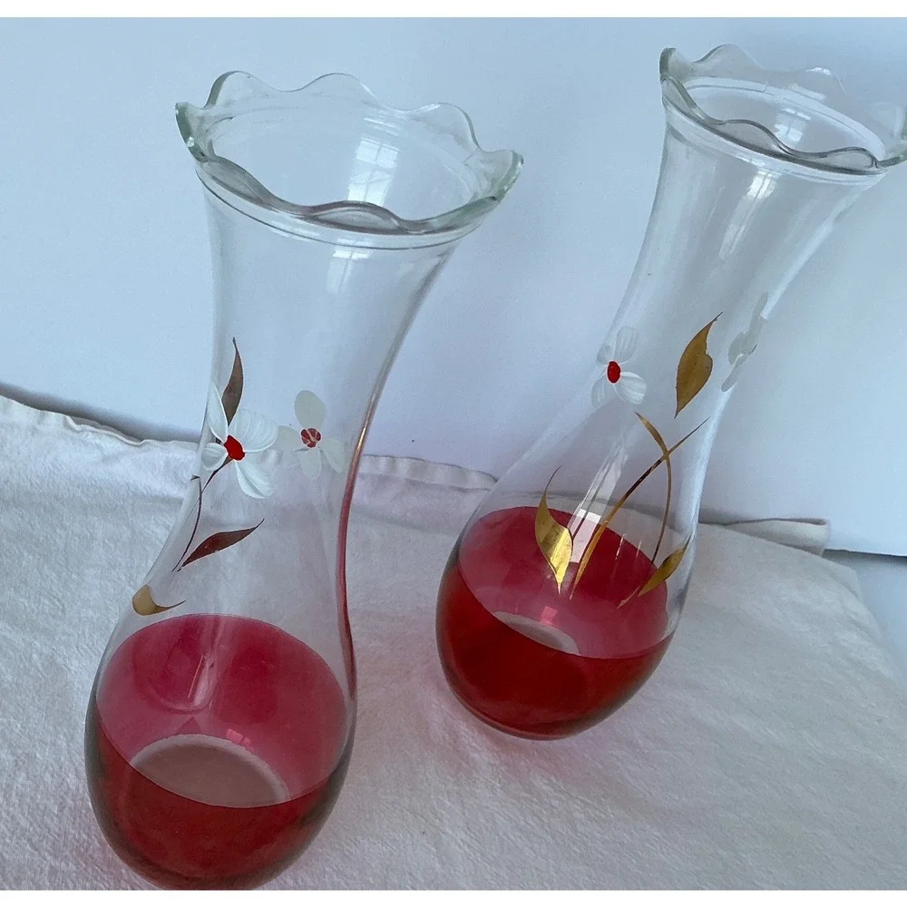 Bartlett Collins Vintage Glass Bud Vases Cranberry Red‎ Hand Painted Floral 8